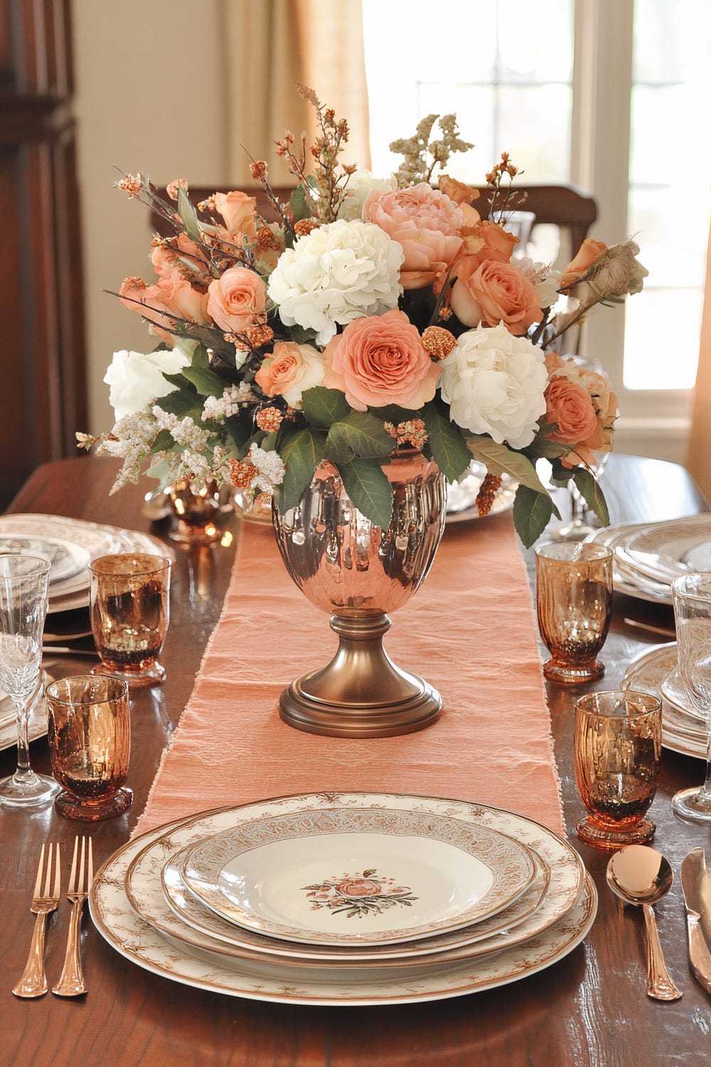 An angled shot of a Thanksgiving dinner table set with peach-colored porcelain plates and bronze flatware. The table is accented by peach glassware and has a bronze vase as a centerpiece, filled with peach and white flowers. Small bronze candle holders surround the arrangement. The table features a peach table runner with subtle metallic accents. Soft, warm lighting enhances the inviting and uncluttered look.