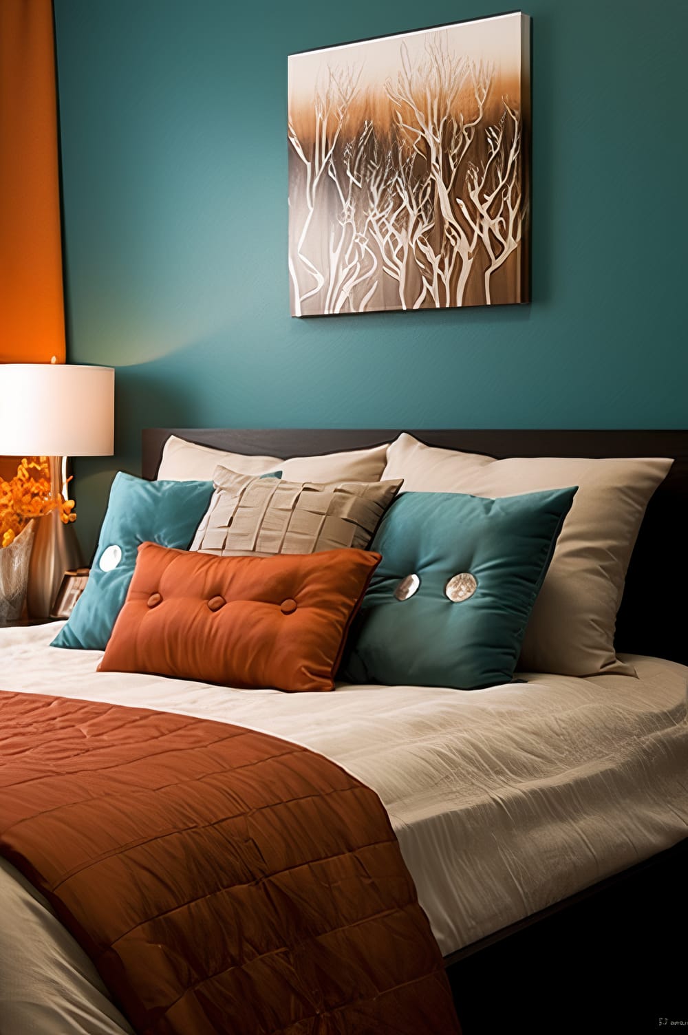 A bedroom with a bed featuring crisp white linens and an assortment of pillows in teal, beige, and burnt orange hues. An orange throw blanket is draped neatly over the lower half of the bed. Above the bed hangs a large piece of artwork depicting abstract tree shapes in shades of brown and white. To the left, a side table bears a lamp with an orange shade and a vase filled with what appear to be orange flowers. The background wall is painted in a rich teal color, complementing the overall color scheme of the room.