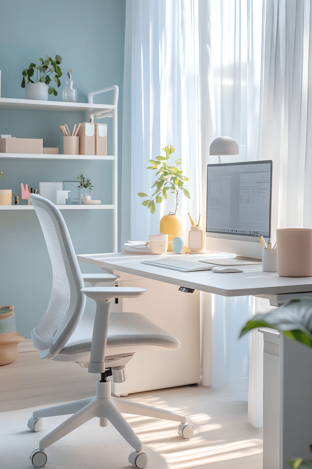 A bright, Scandinavian-inspired workspace featuring powder blue walls and light wood furniture. The room contains a minimalist white desk adorned with pastel mint accessories, a comfortable light grey ergonomic chair, and a small pastel yellow lamp. Floating white shelves on the wall hold neatly arranged pastel-colored office supplies and decorative green plants. A large window lets in ample natural light, accentuated by sheer pastel curtains, illuminating the tranquil environment.