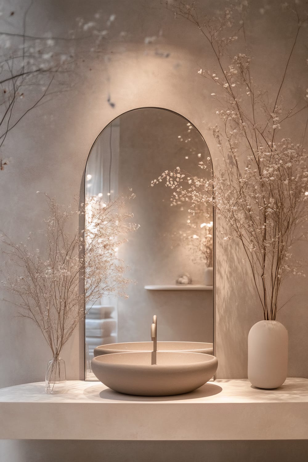 A minimalistic interior featuring a large, oval mirror mounted above a beige stone sink. Tall, delicate branches with small white flowers are arranged in clear and cream vases on each side of the mirror. Neutral-colored walls and soft lighting enhance the serene ambiance.