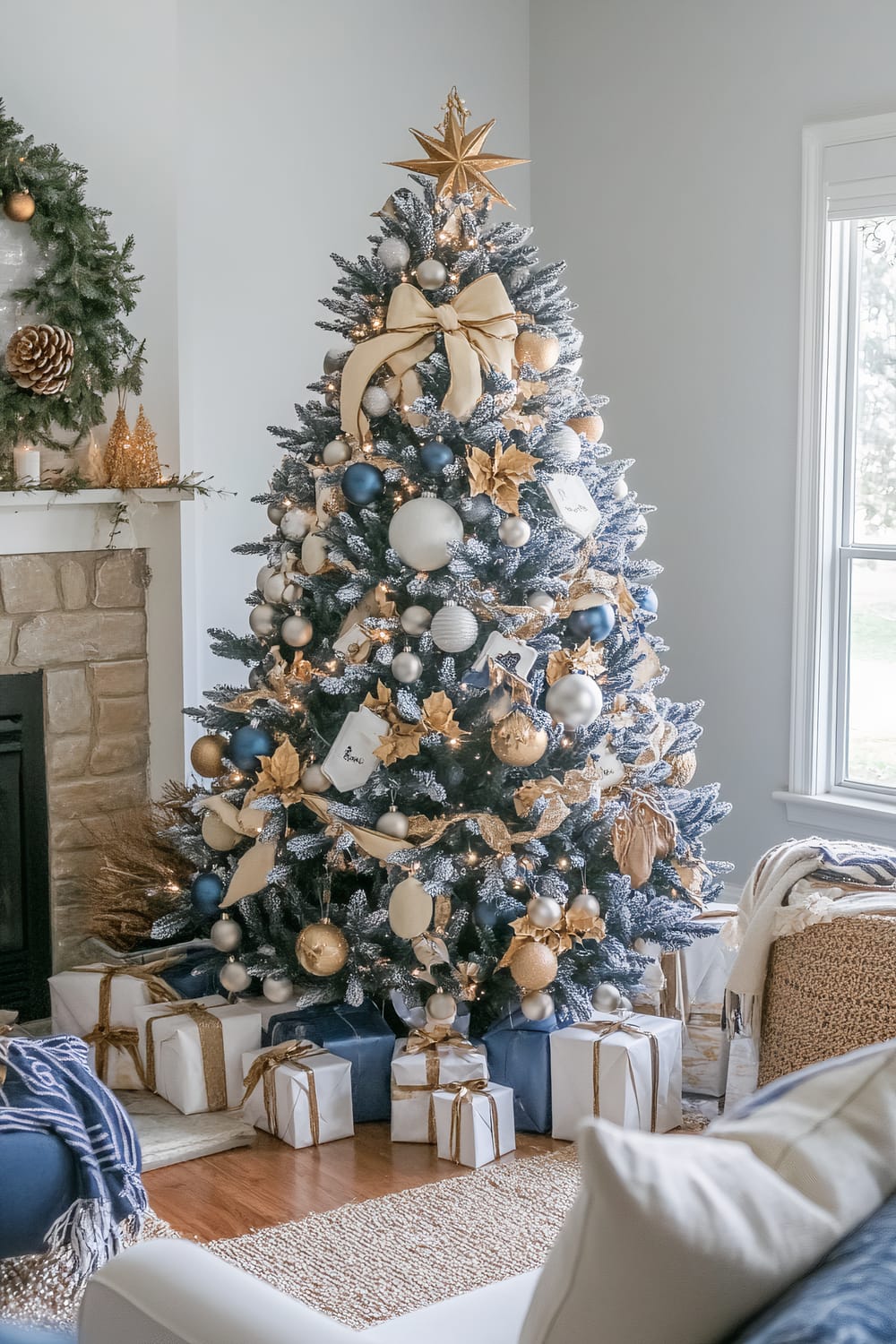 A beautifully decorated Christmas tree stands in a room with soft grey walls and a stone fireplace. The tree is adorned with gold, white, and blue ornaments, featuring large gold ribbons and a golden star tree topper. Various wrapped gifts, primarily in white and blue paper with gold ribbons, are arranged underneath the tree. To the left, a mantel is decorated with holiday greenery, gold cone-shaped trees, and a large pinecone. A window on the right allows natural light to fill the room.