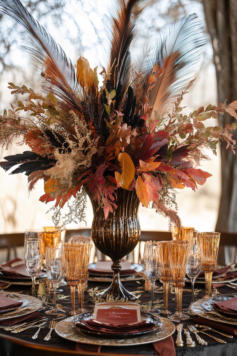 Elegant table setting with a dramatic centerpiece. The centerpiece is a large vase holding an arrangement of feathers, branches, and autumn leaves in rich shades of red, orange, and brown. The table features amber-tinted glassware, silverware, and plates with menus placed atop napkins in a deep burgundy hue. The background hints at an outdoor setting with blurred trees visible through large windows.