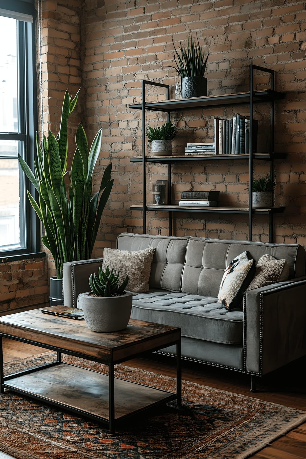 An industrial-styled small living room with a metal-frame sofa featuring grey cushions, a rectangle-shaped reclaimed wood coffee table, black metal shelves with varied decor pieces, and an exposed brick wall. The space also contains a snake plant nestled in a concrete pot. The room has a predominantly monochrome color scheme punctuated by pops of green from the plant and decorative items. Dramatic shadows and warm lighting are cast by floor and table lamps.