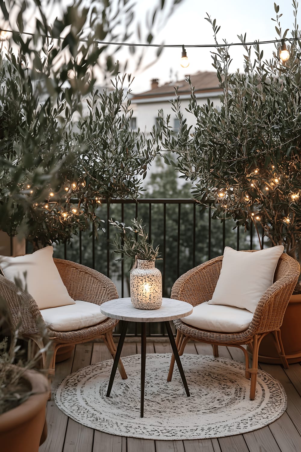 A tranquil modern balcony in Milan adorned with potted Italian olive trees in terracotta pots. The balcony features a pair of woven rattan chairs with white cushions, situated around a small round marble table. String lights lend a warm glow to the space while a linen outdoor rug sits on the wooden deck. On the table is a decorative ceramic lantern, contributing to the calming ambiance. The scene is further enhanced by the subtle greenery of trailing ivy.