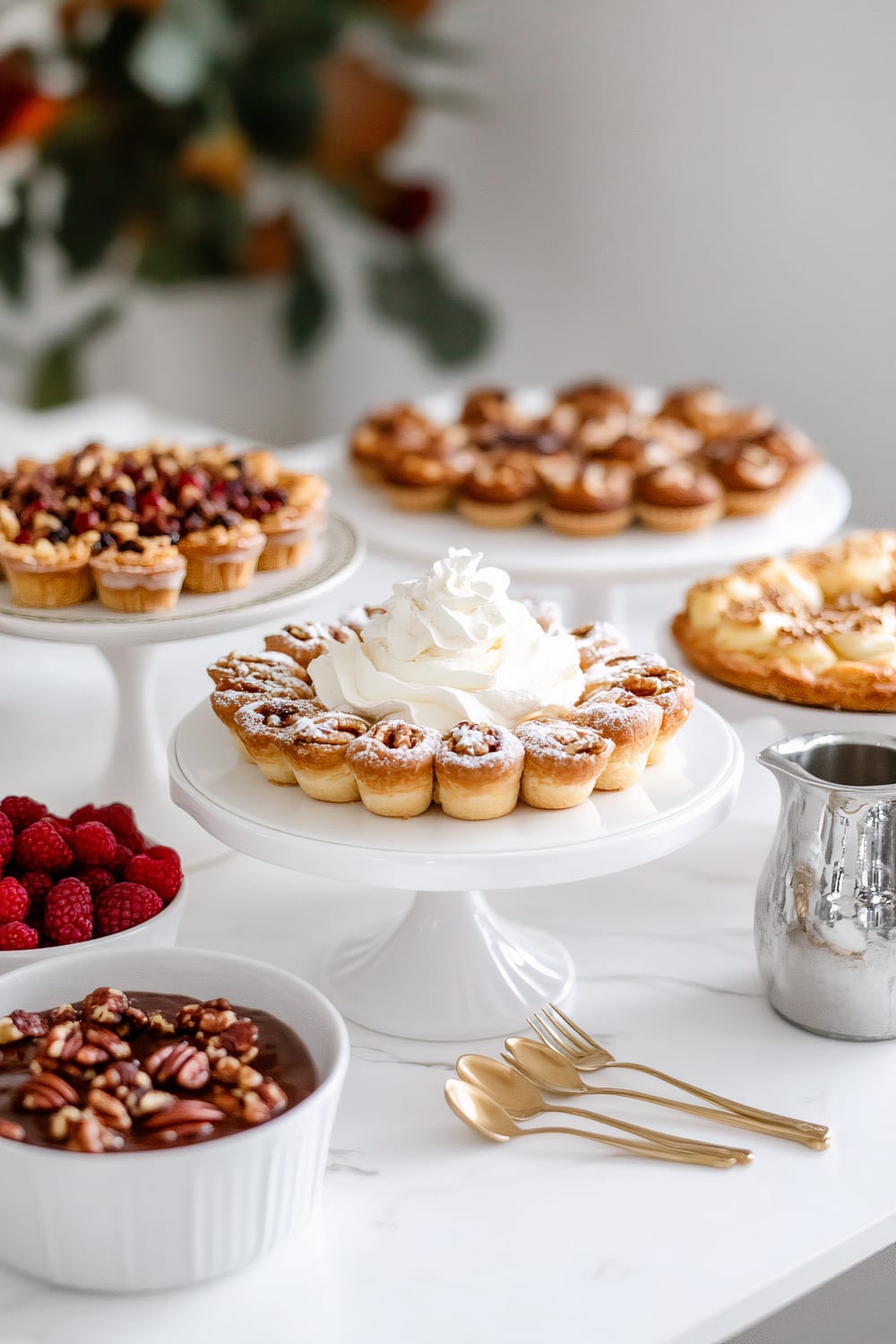 A modern Friendsgiving dessert table with six white cake stands featuring a variety of autumn-themed pastries such as pecan tarts, a pumpkin cheesecake topped with whipped cream, and apple turnovers. Surrounding the cake stands are bowls of red raspberries, a chocolate dessert with pecans, and metallic gold dessert forks. The setting is bright with natural daylight illuminating the clean white countertops and desserts.