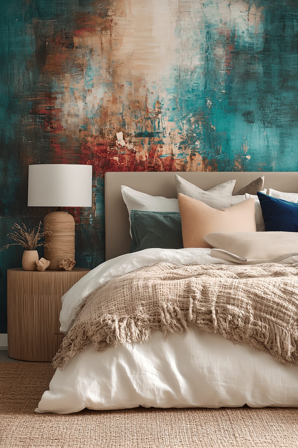 A chic contemporary eclectic bedroom featuring a platform bed with a textured duvet, a sleek side table with a minimalist lamp, and a statement wall adorned with abstract art. The room sports neutral base colors that are complemented by pops of jewel tones here and there from several carefully selected decorative items.