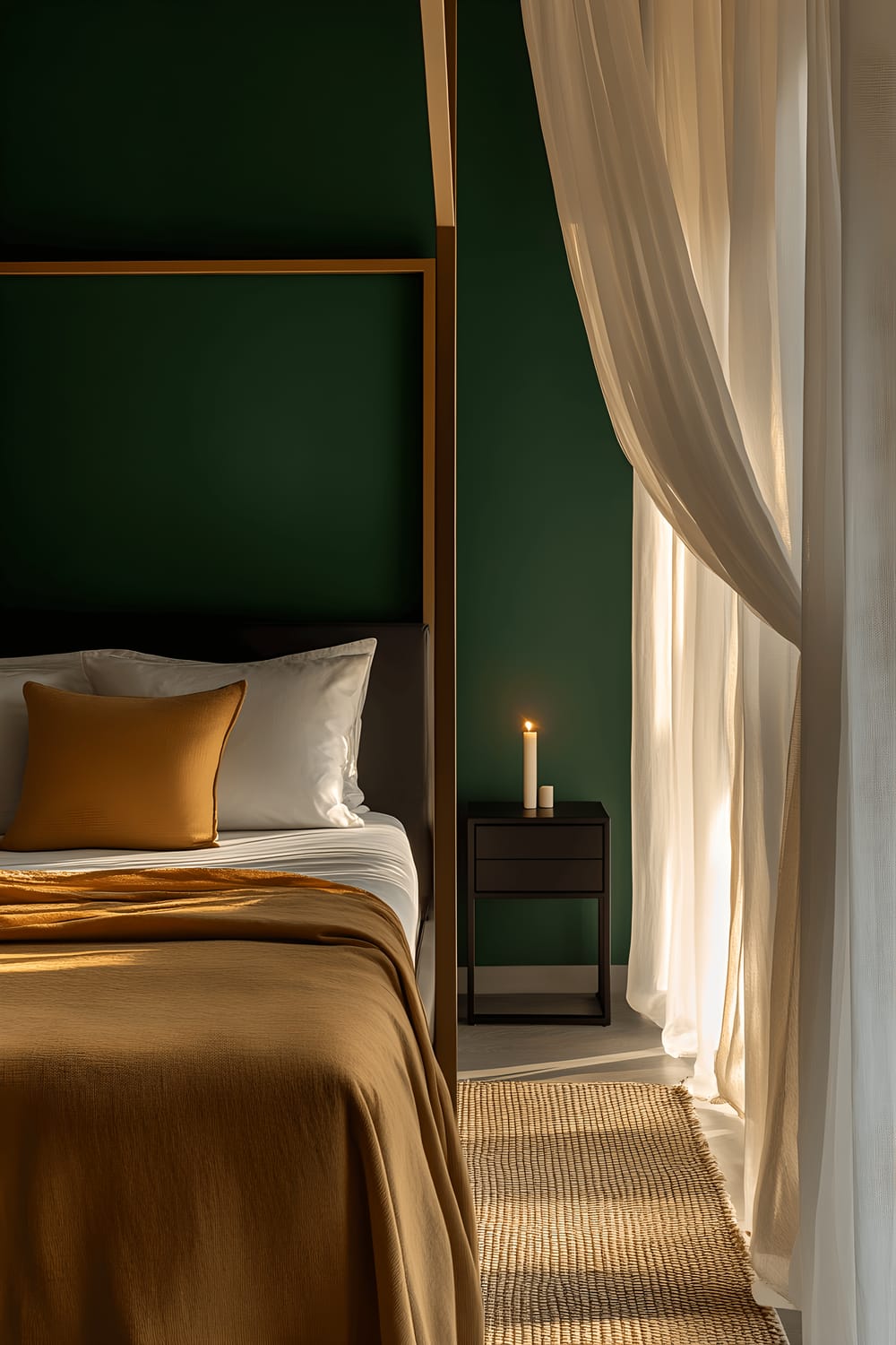 A side view of a spacious and elegant bedroom featuring a matte gold canopy bed, rich emerald walls, buttery soft white beddings, and serene white curtains gently diffusing sunlight. Positioned against the wall is a sleek black nightstand holding a single, flickering scented candle, creating a calm ambiance.