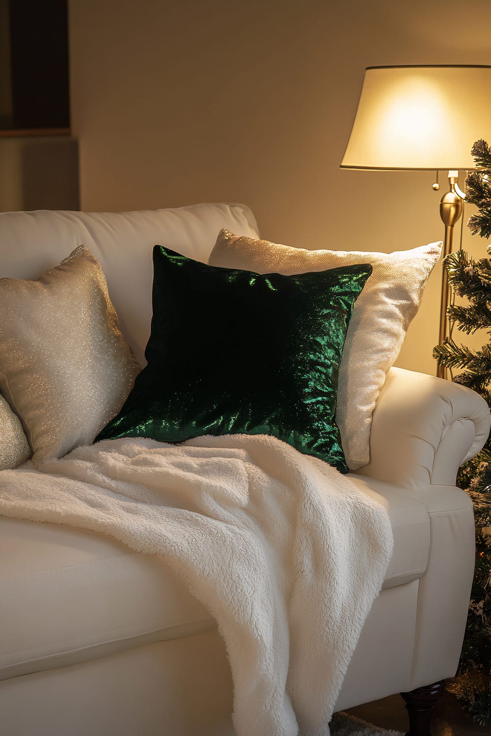 A white loveseat with metallic green and shimmering white throw pillows and a white blanket, illuminated by a nearby lamp. A Christmas tree is partially visible to the right.