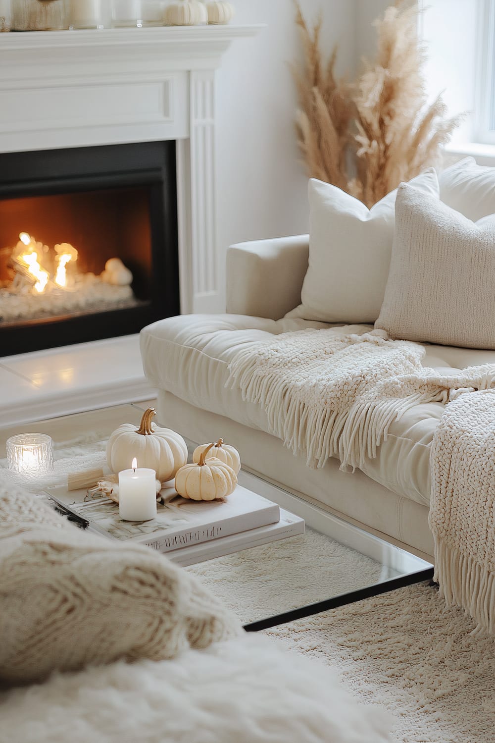 A stylish living room scene featuring a lit fireplace, a white sofa adorned with fluffy, cream-colored pillows and a fringe-trimmed throw blanket. In front of the sofa, a glass-topped coffee table is decorated with white miniature pumpkins, a lit candle, and a decorative book. To the side of the room are tall pampas grass stems, adding texture to the elegant, neutral palette environment.