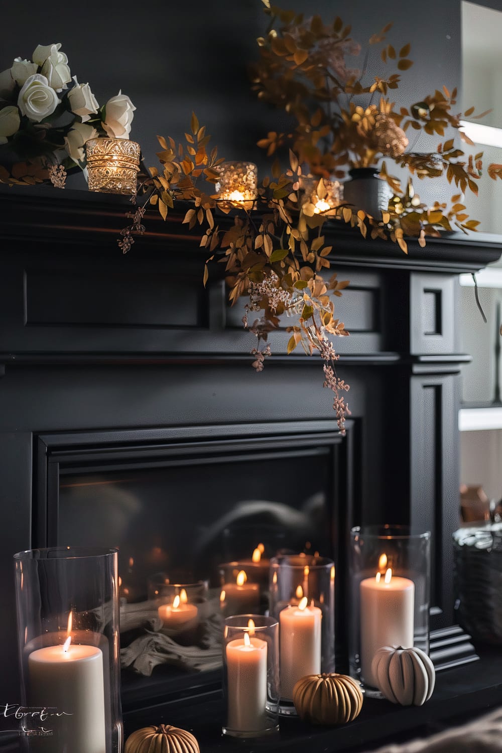 Dark fireplace adorned with glowing candles and autumnal decor. The black mantel features intricately designed candle holders, white roses, and golden foliage garlands. Several lit candles are placed in glass holders on and in front of the fireplace, casting a warm, inviting light. Small decorative pumpkins add an autumnal touch.