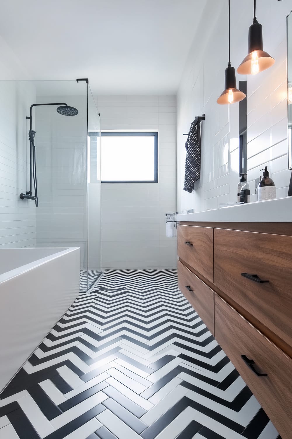 A modern bathroom with bold black and white chevron patterned floor tiles. The bathroom features a glass-enclosed shower with black fixtures, a wall-mounted hand shower, and a large rain shower head. On the right side, there is a wooden vanity with white countertops and black hardware. Above the vanity, there are two hanging black pendant lights with exposed bulbs. The wall behind the vanity has a mirror and white subway tiles. A window provides natural light into the space.