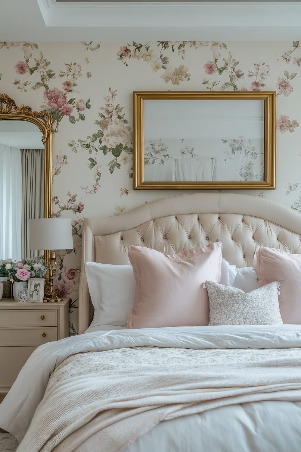 This image shows an elegantly decorated bedroom with a soft, feminine touch. The centerpiece is a queen-sized bed with a tufted beige headboard adorned with pastel pink and white cushions. The bed is made with white linens and a light gray throw. Behind the bed, the wall features a floral wallpaper in shades of pink, green, and cream. A gold-framed mirror is hung above the headboard, reflecting the floral pattern. To the left of the bed is a cream nightstand with a gold lamp, a flower vase with white and pink roses, and a picture frame. A section of a gilded wall mirror is visible, enhancing the room's luxurious feel through elegant decor elements.