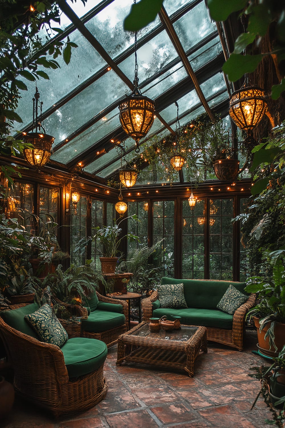 An image of a conservatory with wicker furniture and abundant plant life. The seating includes a loveseat and several chairs with green cushions, surrounding a wicker coffee table. The conservatory features a glass ceiling and walls, adorned with string lights and hanging ornate lanterns that provide a warm, intimate atmosphere.