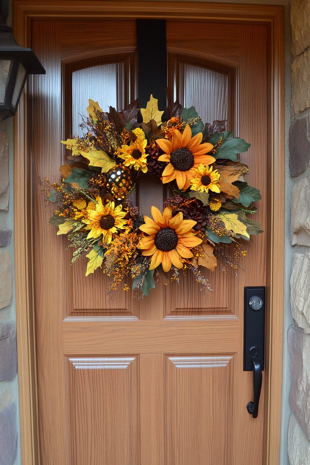 An intricately designed, wooden front door adorned with a vibrant wreath. The wreath prominently features large sunflowers complemented by autumn leaves, pinecones, and sprigs of berries, evoking a warm, harvest season feel. The door itself has a rich, natural wood grain finish, and set into a sturdy frame, contrasted by the black metal handle and lock. To the left, part of the stone facade of the house and a lantern-style light fixture is visible.