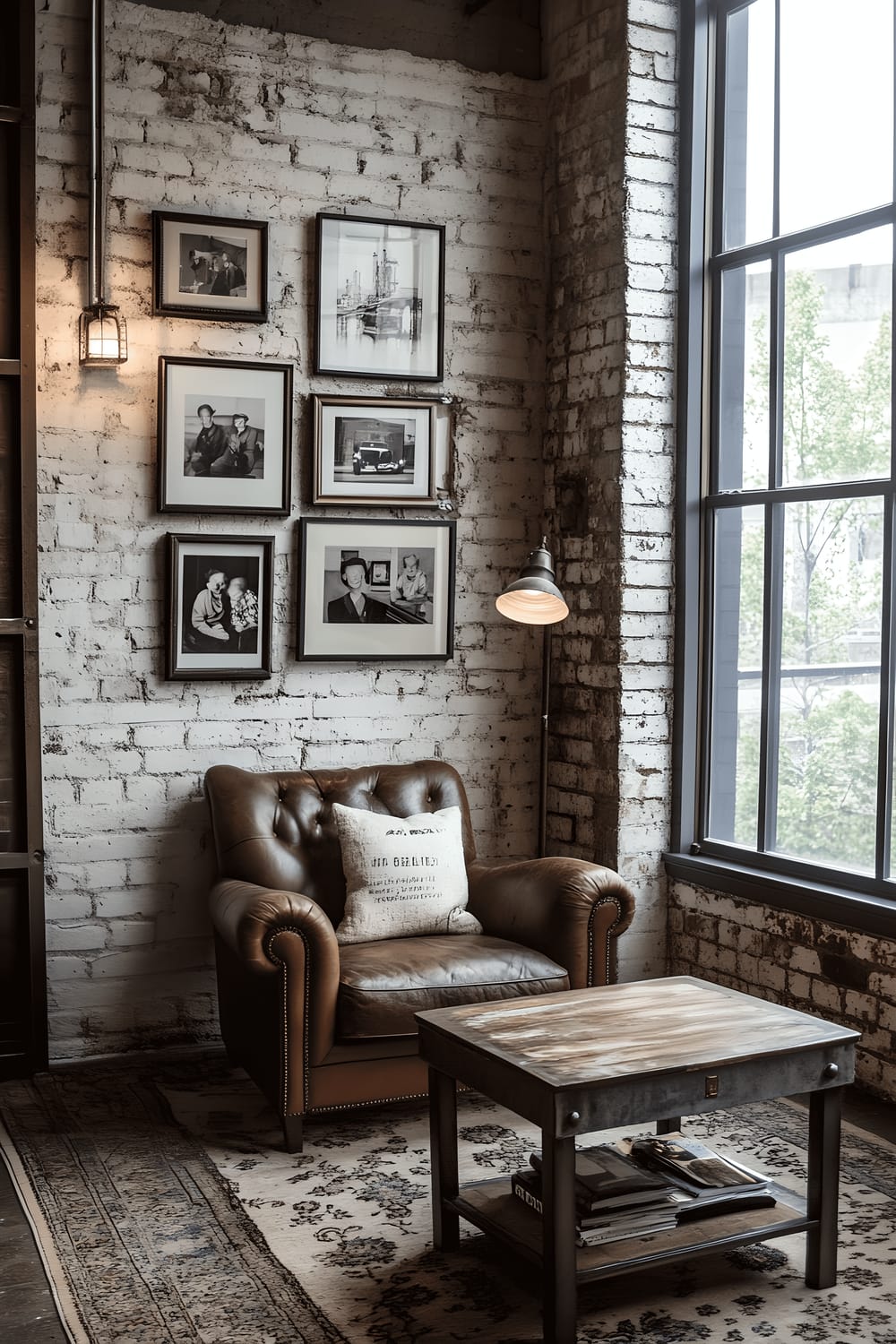 A small living room imbued with a vintage-industrial aesthetic, featuring distressed leather armchair, antique brass floor lamp, reclaimed wood and metal coffee table, vintage Edison bulb pendant lights. A red brick accent wall displays a collection of framed black and white photographs. Warm neutral tones with metallic accents pervade the space. A bay window floods the room with natural light, enhancing a nostalgic ambiance.