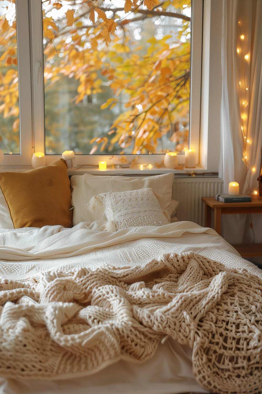 A comfortable and inviting bedroom with large windows, showcasing vibrant autumn foliage outside. The bed is adorned with knitted blankets and textured throw pillows in shades of white and mustard. Warm, ambient lighting is created by candles and string lights placed around the window and on a bedside table.