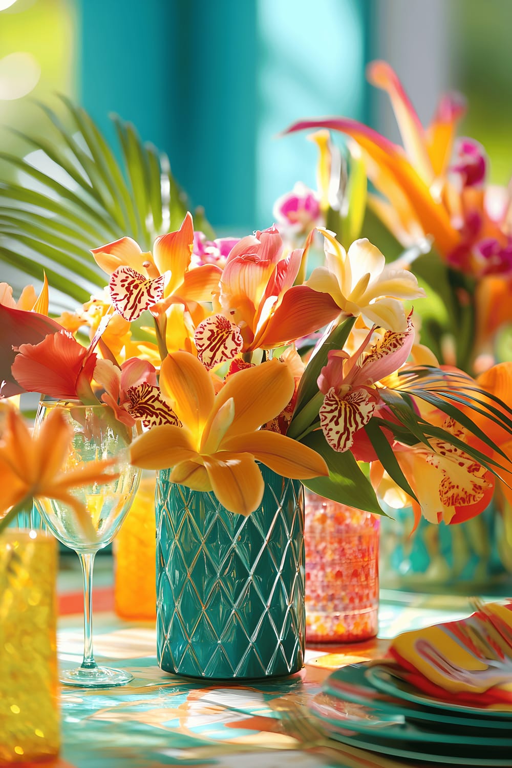 A lively dining room inspired by Rio de Janeiro, featuring a vibrant, tropical centerpiece composed of orchids, birds of paradise, and heliconias arranged in colorful, geometrically-patterned glass vases. The walls are painted a bright turquoise, and chairs with tropical print upholstery surround the wooden dining table. A warm, natural light bathes the room, projecting shadows that contrast with the vibrant colors of the setup. Scattered about the table are a few palm leaves, enhancing the exotic theme.