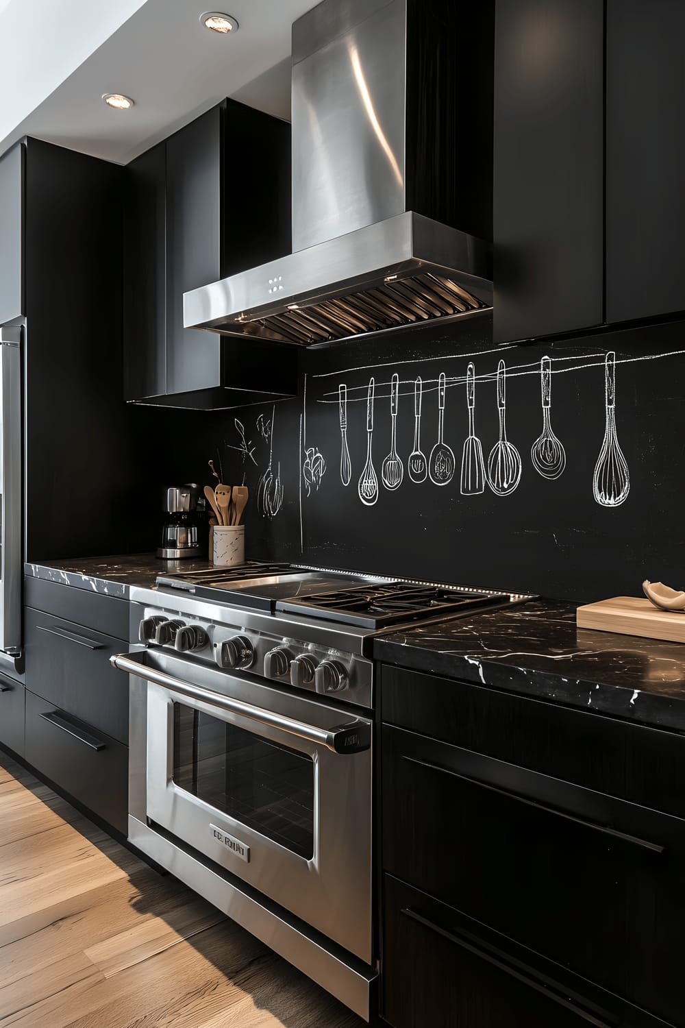 A contemporary styled urban apartment kitchen, with a unique chalkboard backsplash featuring minimalist drawings of kitchen utensils and a weekly meal planner in white chalk. The kitchen is furnished in dark tones with black cabinetry, a dark marble countertop, and stainless-steel appliances. LED lighting has been installed under the cabinets, illuminating the chalkboard and adding visual interest to the space.