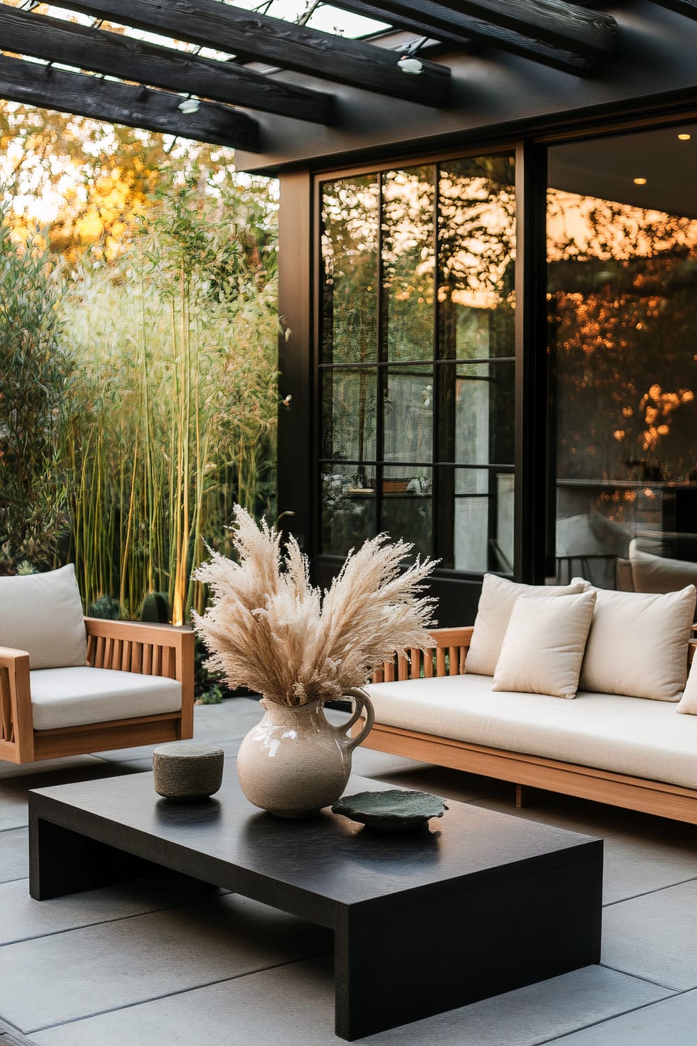 Outdoor seating area featuring a black rectangular coffee table with decorative items, including a vase with dried pampas grass and two small decorative bowls. The seating comprises light-colored cushions on wooden-framed chairs and a sofa. A pergola with dark wooden beams covers the area, and tall bamboo plants are in the background beside large glass patio doors.