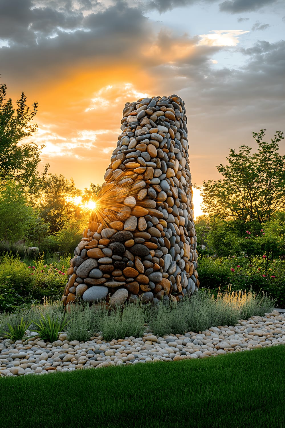 A modern garden with an artistic sculpture composed of colorful river rocks of different sizes. The sculpture is placed on a lawn of lush green grass encircled by strategically placed shrubs. The setting is under the dramatic hues of a sunset.