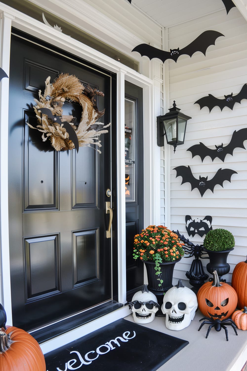 Front porch decorated for Halloween with a black door adorned with a dried wheat wreath and a black bat. The white siding is decorated with black bat cutouts. There is a black lantern on the wall next to the door, and the porch features various Halloween decorations including pumpkins, skulls, and a colorful potted mum.