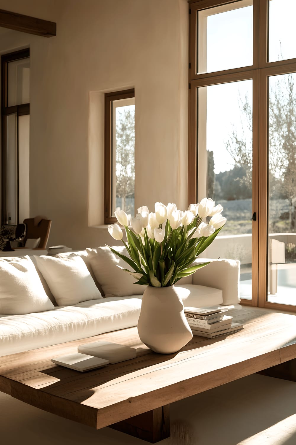 A bright, minimalist living room featuring a soft, neutral toned sofa, a low profile wooden coffee table, and a single curvy vase with fresh, white tulips. The room is flooded with warm, natural light coming in from the large windows.