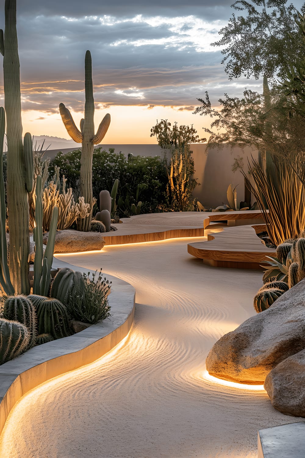 A serene contemporary desert garden at sunset, featuring towering cacti, curving patterns of smooth river stones, a minimalist sand pathway, and organic-shaped modern wooden seating. The garden, bathed in a warm, muted palette of terracotta and beige tones, exudes a tranquil and spacious atmosphere.