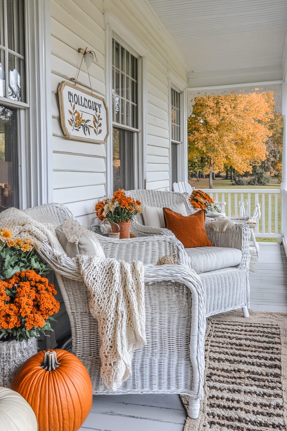 A porch adorned for fall with white wicker furniture, decorated with cream cushions and orange throw pillows. A knitted beige throw blanket is draped over one armchair. There are orange and white flowers in pots, pumpkins on the porch floor, and a striped rug. A sign with the word "HOLIDAY" and fall foliage is hung on the wall.