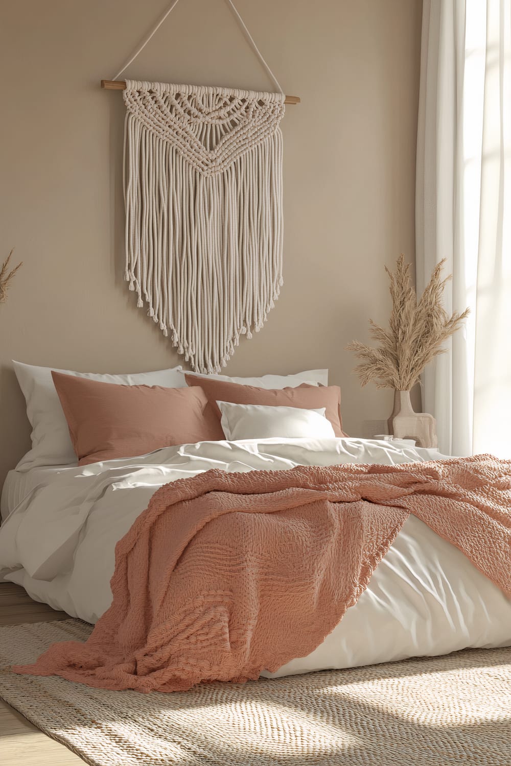 A neutral-colored bedroom features a white macramé wall hanging above a neatly made bed. The bed is adorned with white and coral-pink bedding including pillows and a textured coral-pink throw blanket. Natural light filters through white curtains, highlighting the minimalistic decor, including a vase with dried pampas grass on a nightstand.