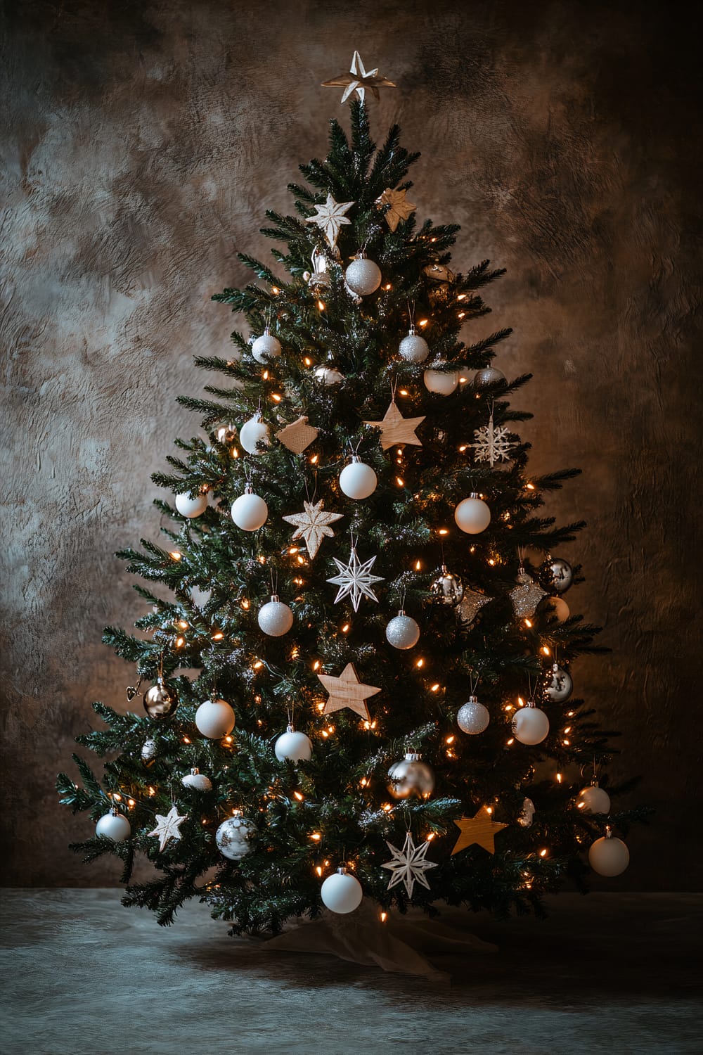 A Christmas tree is adorned with white and cream ornaments, natural wooden stars, and subtle metallic accents. It is softly lit by fairy lights, casting a striking silhouette against a dark, textured background with deep shadows.