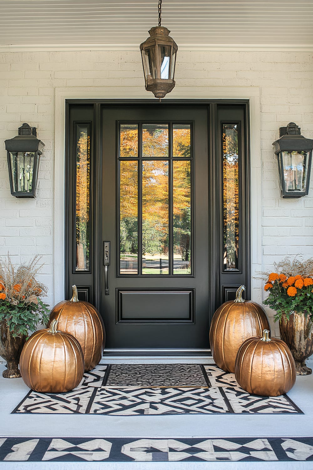 An entrance decorated with black double doors featuring glass panels, surrounded by white painted brick walls. Bronze pumpkins and potted autumnal plants are positioned on either side of the entrance, adding a seasonal touch. A black and white geometric patterned mat and an overhead rustic lantern complete the design.