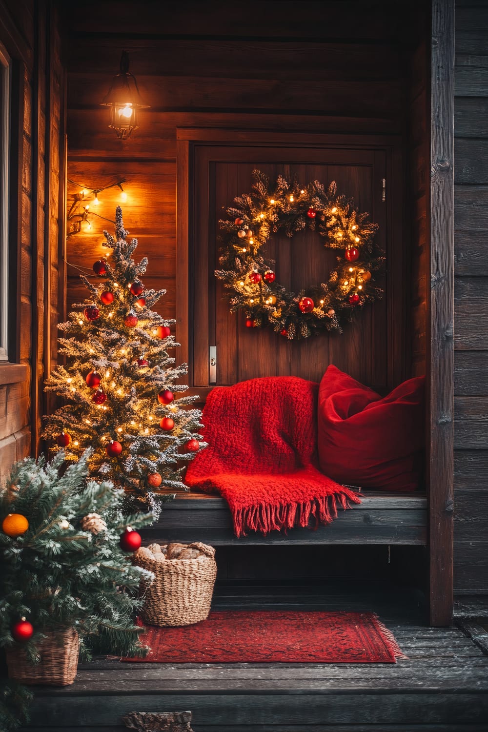 An inviting wooden porch is adorned with festive Christmas decor. A frost-covered miniature Christmas tree decorated with red baubles and warm white lights stands to the left. On the right, a wooden bench is draped with a vibrant red knit blanket and two plush red cushions. Above the bench hangs a green wreath adorned with red ornaments and illuminated by a gentle warm glow. A wicker basket filled with firewood is placed near the bench, and a simple red doormat adds to the welcoming atmosphere.