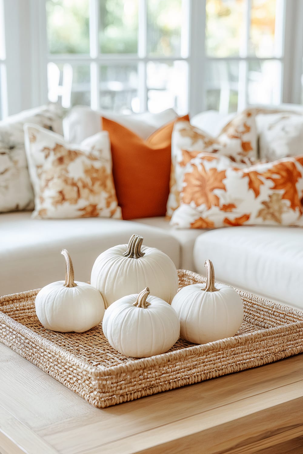 Four white pumpkins arranged on a woven tray placed on a wooden coffee table. Behind the table is a white sofa adorned with cushions featuring autumnal leaf patterns and solid orange pillows. In the background, large windows offer a view of a sunlit garden area.