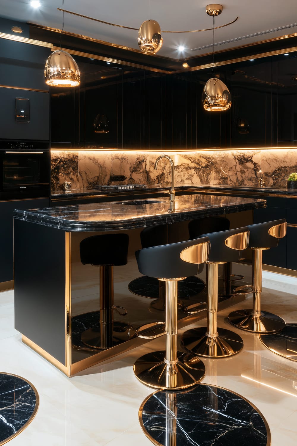 An opulent kitchen featuring a black and gold color scheme. It includes modern black cabinetry, a large marble island, and gold-accented bar stools. Marble backsplash and under-cabinet lighting enhance the luxurious feel. Elegant gold pendant lights hang from the ceiling.