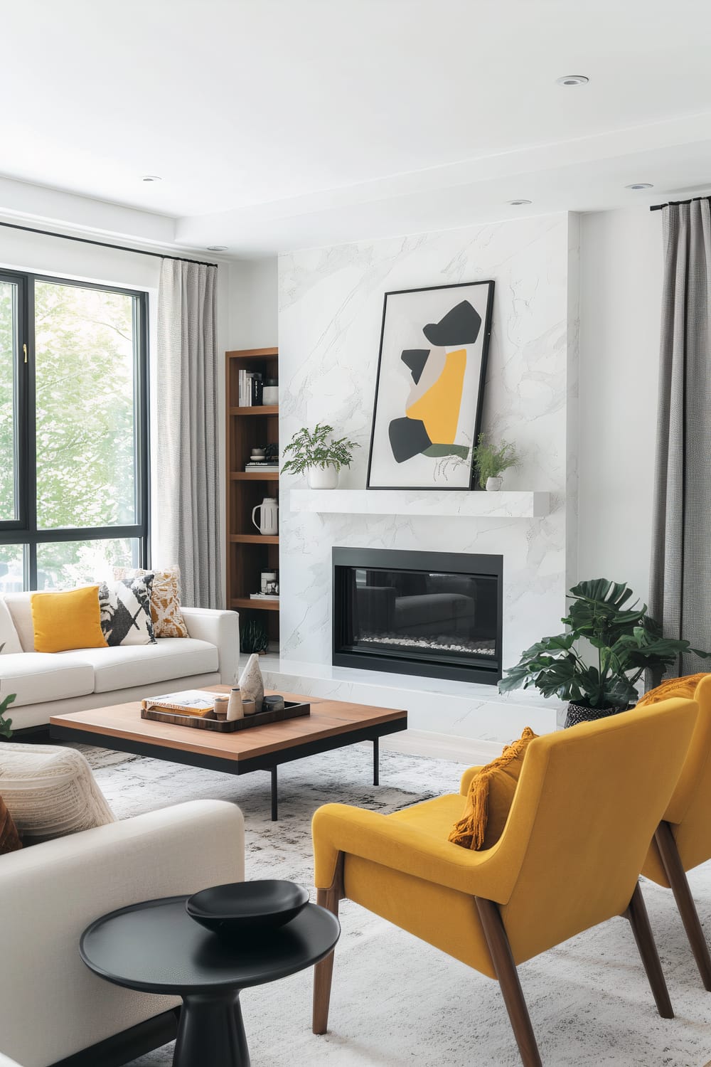 A modern living room featuring a minimalist cream sofa, a wooden coffee table, a vibrant yellow armchair, and a fireplace framed by white marble with built-in benches topped with rust-colored cushions. Bold geometric art hangs above the fireplace, and various sculptural ceramics and plants are placed throughout the space.