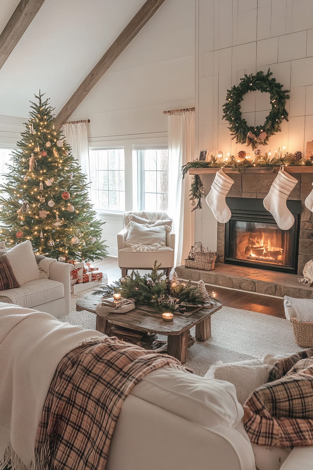 A beautifully decorated living room with holiday decor. A large Christmas tree adorned with lights and ornaments stands by the window. Over the fireplace, which has a stone surround, hangs a festive wreath, with stockings hanging from the mantel. The room is furnished with white sofas and an armchair with cozy blankets. A rustic wooden coffee table holds candles and greenery, adding to the warm atmosphere. The room has high ceilings with exposed wooden beams and natural light streaming in through the windows.