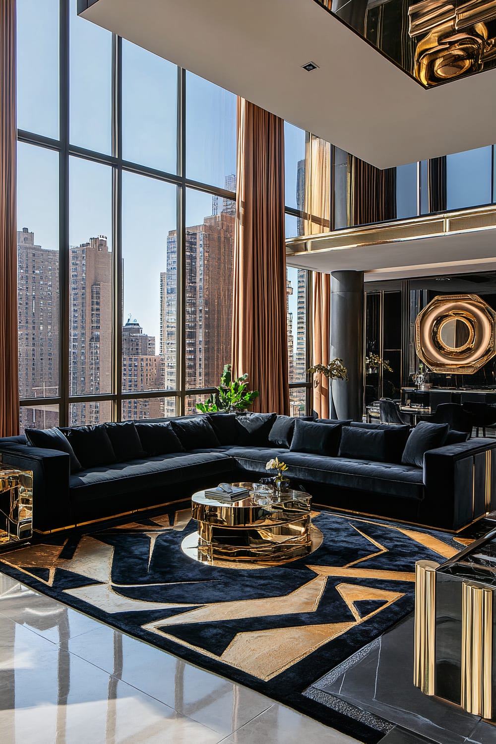 A luxurious, modern living room with expansive floor-to-ceiling windows offering a stunning city skyline view. The room features a black sectional sofa with gold accents, paired with a geometric black and gold rug. Two round golden coffee tables sit in the center, accessorized with books and decorative items. Tall bronze curtains frame the windows, adding warmth to the space. The ceiling has reflective gold elements, enhancing the room's elegance. A large golden decorative piece hangs on the far wall, completing the opulent setting.