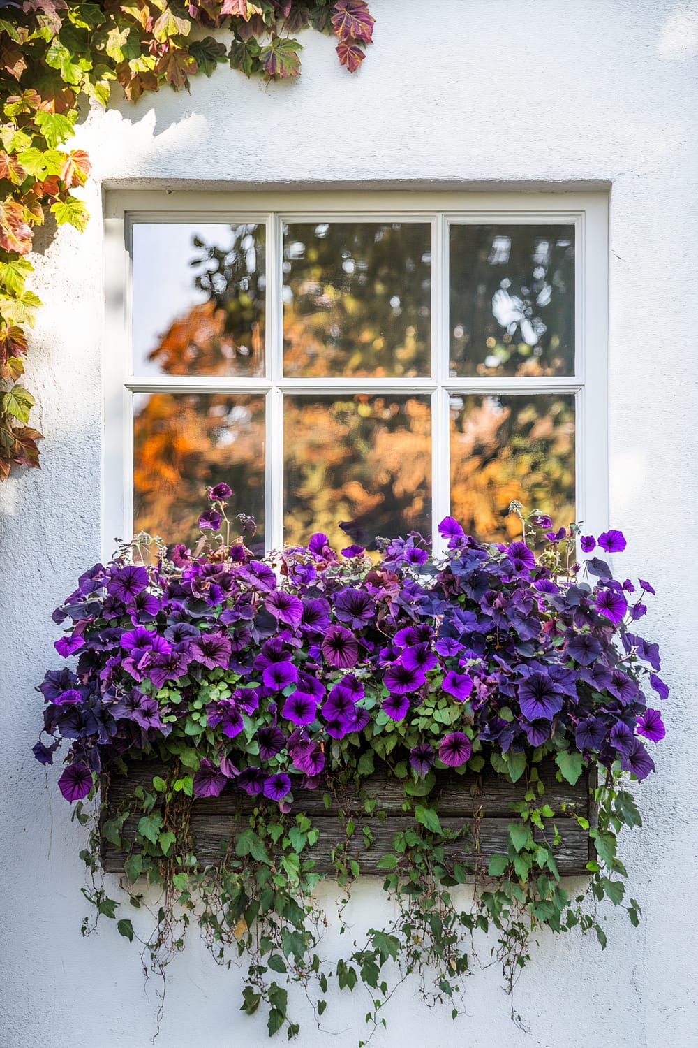 A white framed window surrounded by creeping ivy and adorned with a window box overflowing with vibrant purple petunias. The petunia flowers cascade over the edges of the wooden planter, contrasting with the white wall behind. The soft, autumnal trees are reflected in the glass panes of the window, adding a warm, seasonal touch to the scene.