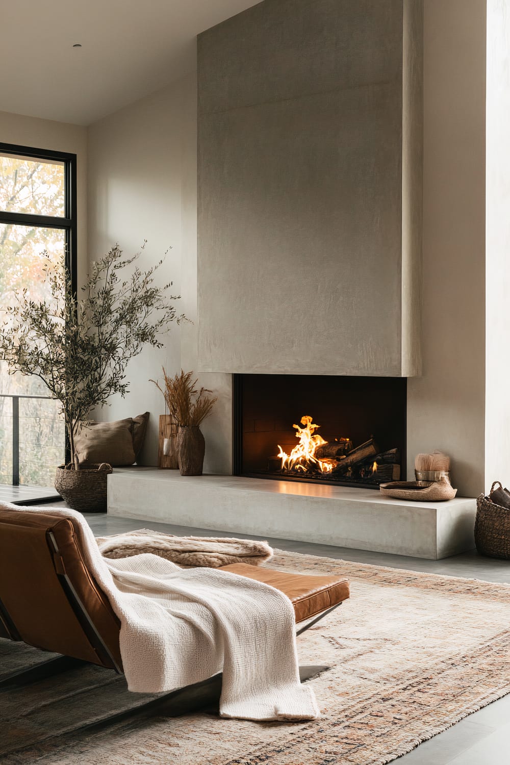 A serene living room features a sleek, minimalist fireplace with a tall, smooth, concrete surround. The fireplace is lit, with vibrant flames creating an inviting atmosphere. To the left, a tall potted plant and a decorative vase with dried grasses sit atop a low concrete ledge, accompanied by a large cushioned pillow. In the foreground is a modern leather chaise lounge draped with a soft, white knitted throw blanket. The cozy seating is placed on a textured rug with earthy tones. A large window offers a view of the autumn foliage outside, casting a natural light that enhances the room's neutral color palette.