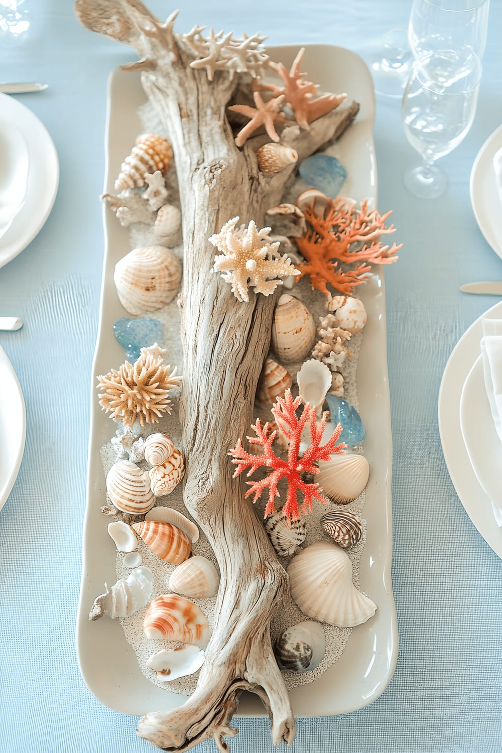 An oceanic centerpiece composed of a piece of driftwood placed on a sandy colored ceramic platter. Decorated with hues of vibrant corals, starfish, small seashells, and sprinkles of different colored sea glasses. Set against a light blue tablecloth background that represents a serene beach, all under bright natural light.