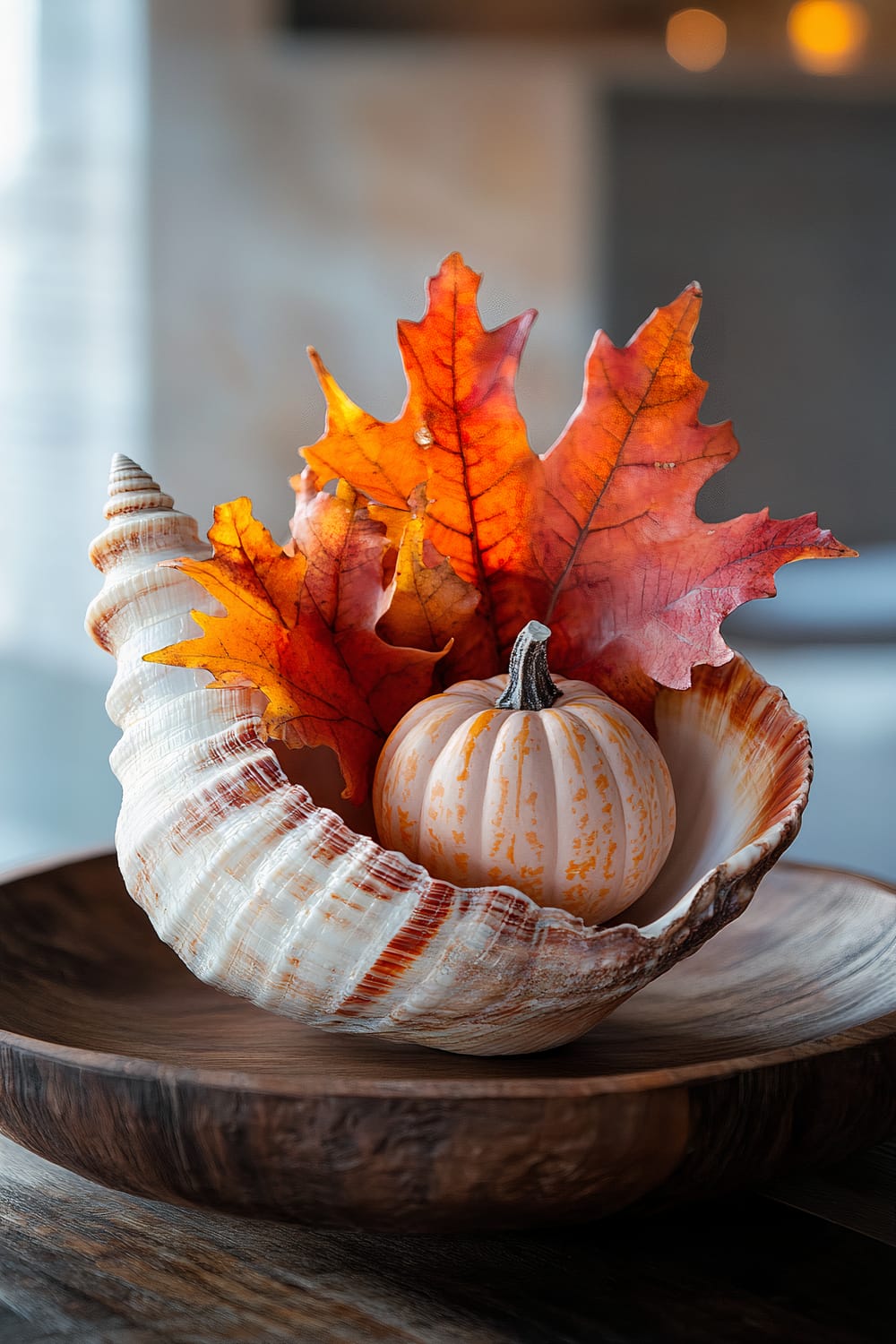 A large seashell holding a small pumpkin and a few autumn leaves, set on a simple wooden plate. Warm sunlight enhances the vibrant orange hues of the leaves and the textures of the seashell and pumpkin, creating a unique, coastal-inspired centerpiece.