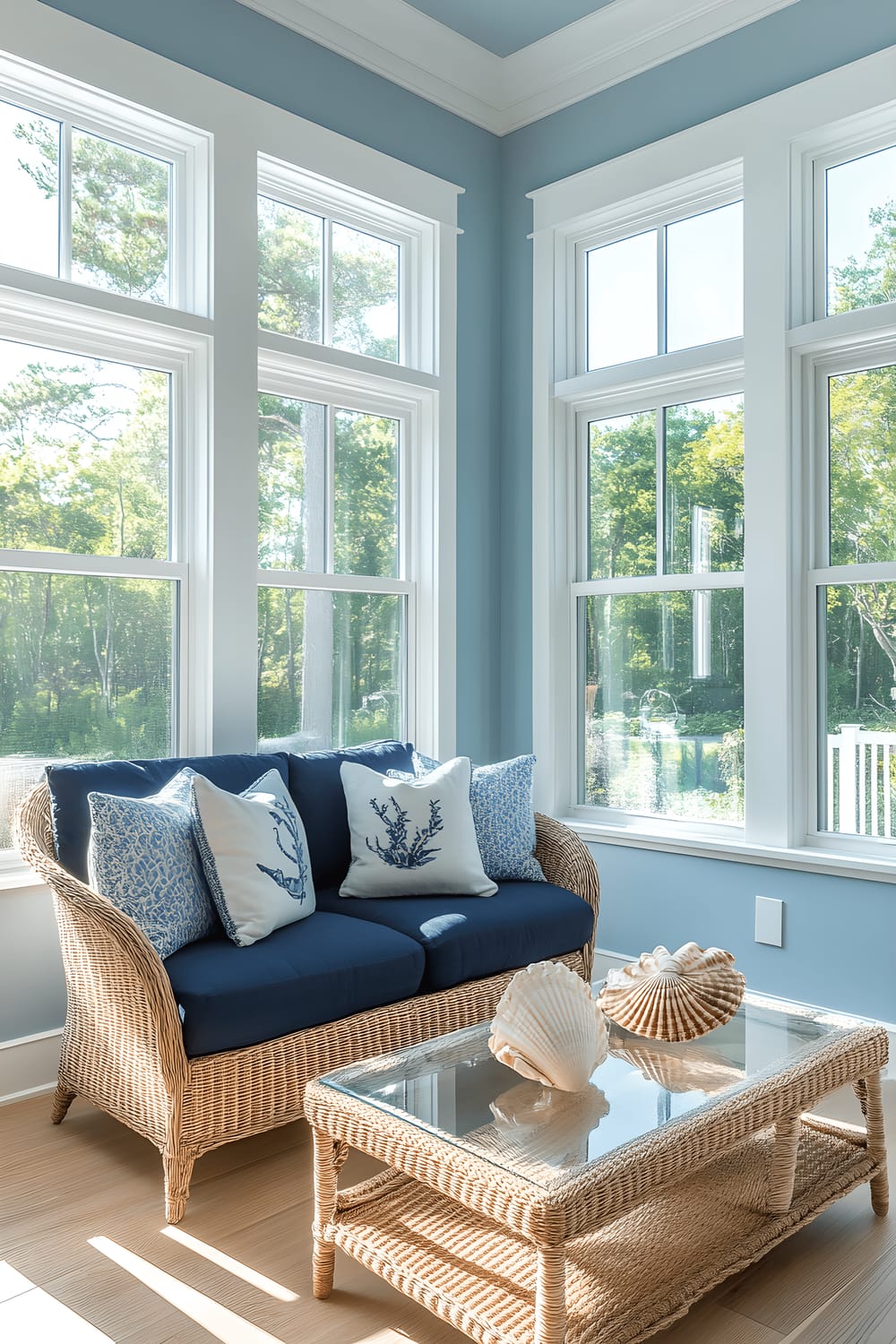 A sunlit, modern coastal sunroom sports light blue panelled walls with white trim, anchored by a comfortable wicker loveseat. The loveseat, with its navy-blue cushions, is arranged on a light wood floor. In front, a glass-top coffee table holds a vintage-style wooden box and prominent seashell decor. Large windows present an invigorating marine view with boats bobbing on a tranquil sea. against the bright blue sky. The room emanates an air of relaxed, sea-inspired living with its nautical accents and soothing color palette.