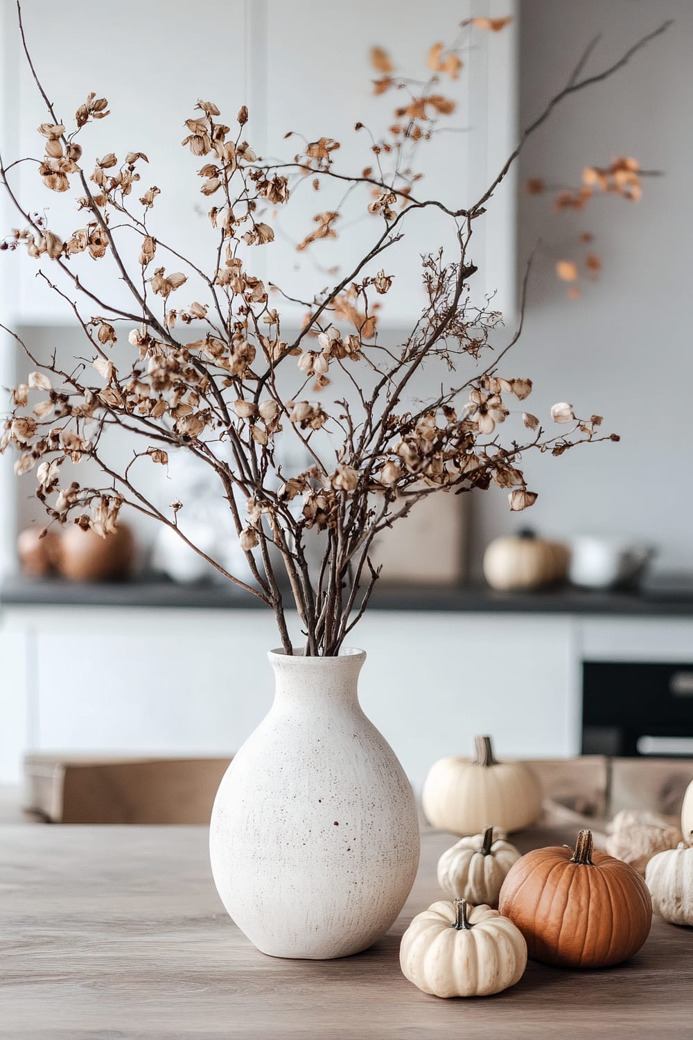 A white ceramic vase filled with dried branches and leaves sits on a wooden table. Surrounding the vase are small pumpkins of various shades, creating an autumnal theme. The background shows a minimalist kitchen with white cabinets and additional pumpkins on the countertop.