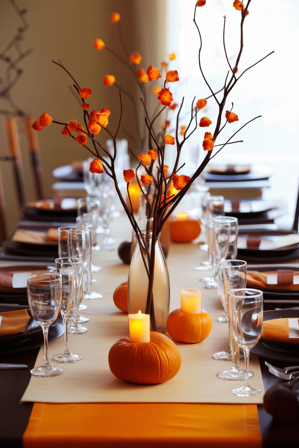 A dining table set for a meal, adorned with autumn-themed decorations. The centerpiece is a vase with branches holding vibrant orange pom-pom like flowers. Miniature pumpkins and candles add a cozy, warm glow. Glassware and plates are neatly arranged in a sophisticated manner.