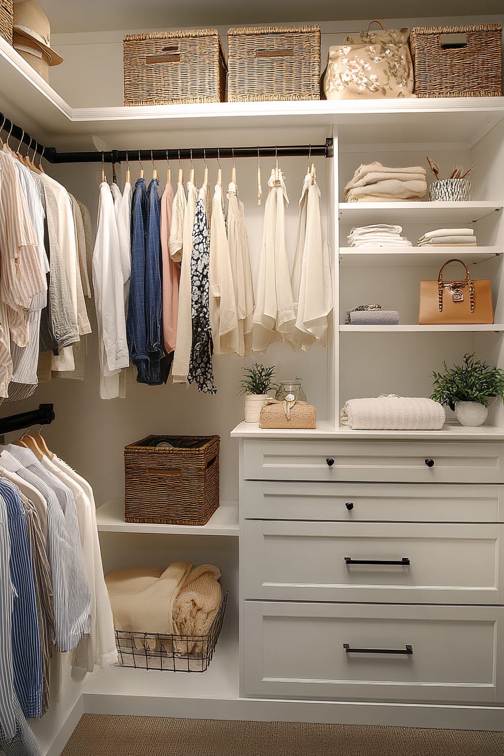 A well-organized small walk-in closet with white shelving and black hardware. Clothes in soft, neutral tones are hung on two rods. Wicker baskets are on the top shelf. Folded clothes and decorative bins are on open shelves. Jewelry hangs from small hooks. Decorative elements like plants and candles are on the wooden countertops. Drawers at the bottom offer additional storage.