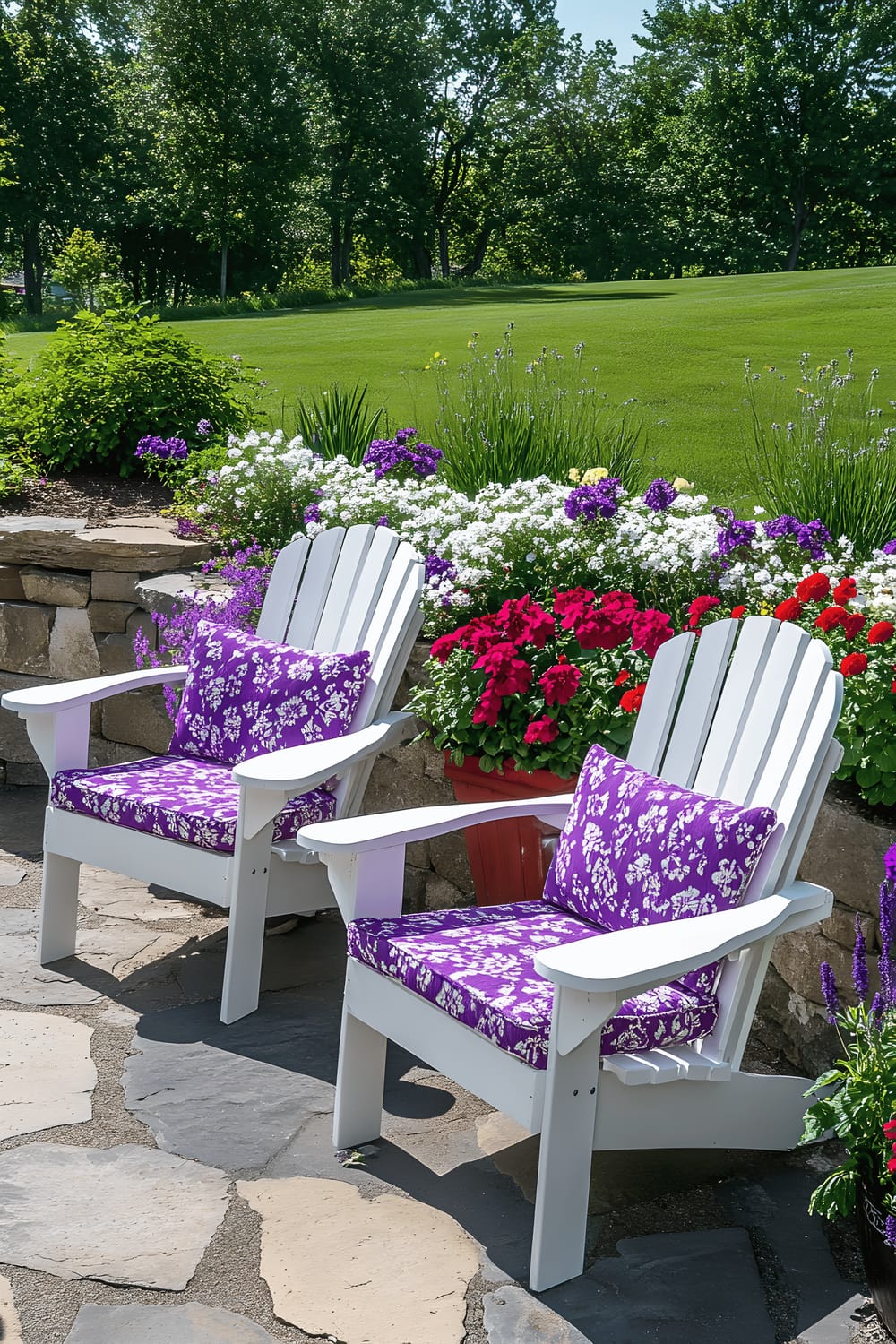 A charming outdoor seating area set on a stone-paved patio with two white Adirondack chairs adorned with purple patterned cushions, and a vibrant container garden filled with an array of colorful flowers, including purple Verbena, red Geraniums, and white blossoms positioned between the chairs. The backdrop of lush green grass provides a serene and inviting ambiance.