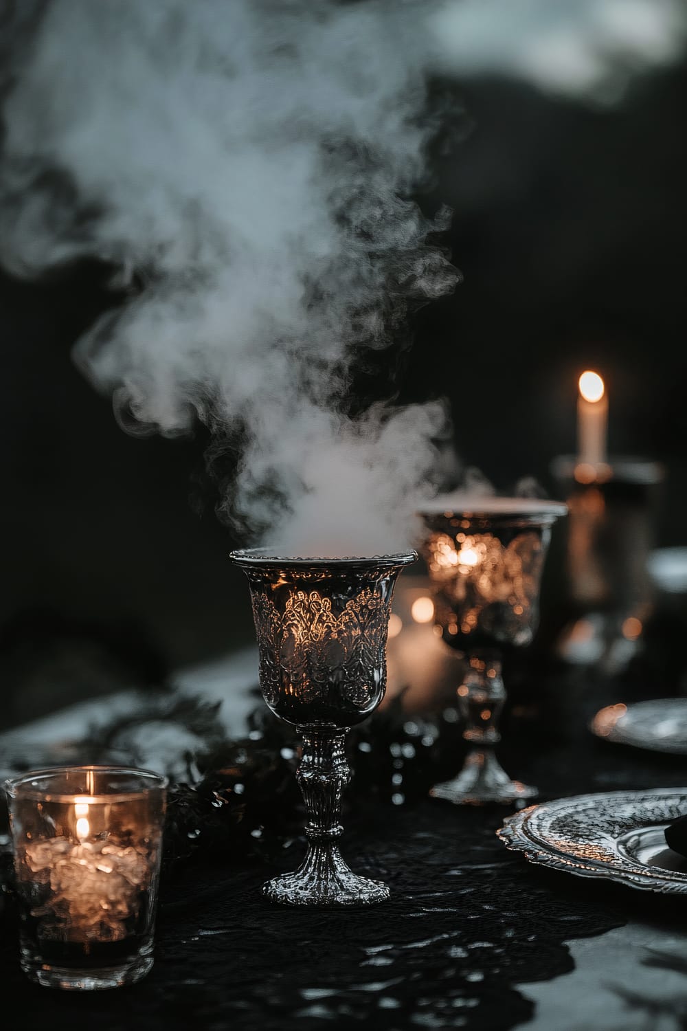 A dark and moody tabletop centerpiece with an elegant black lace table runner. Several ornately designed silver goblets filled with dry ice emit smoky effects. Dim candlelight from small votive candles and a taller candle on the table create a soft, intimate glow.