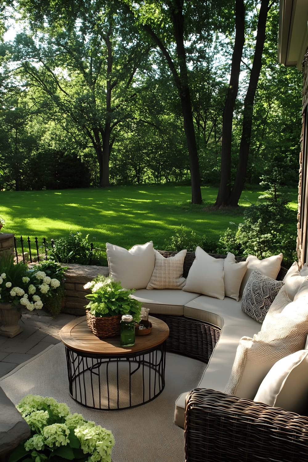 An outdoor seating area with a luxurious wicker sectional sofa adorned with neutral-toned cushions and intricate throw pillows. A small side table and a wireframe spherical table sit near the furniture, with beautiful container flowers adding a touch of nature. The patio is on well-kept green grass, bordered by leafy trees, creating a tranquil escape.