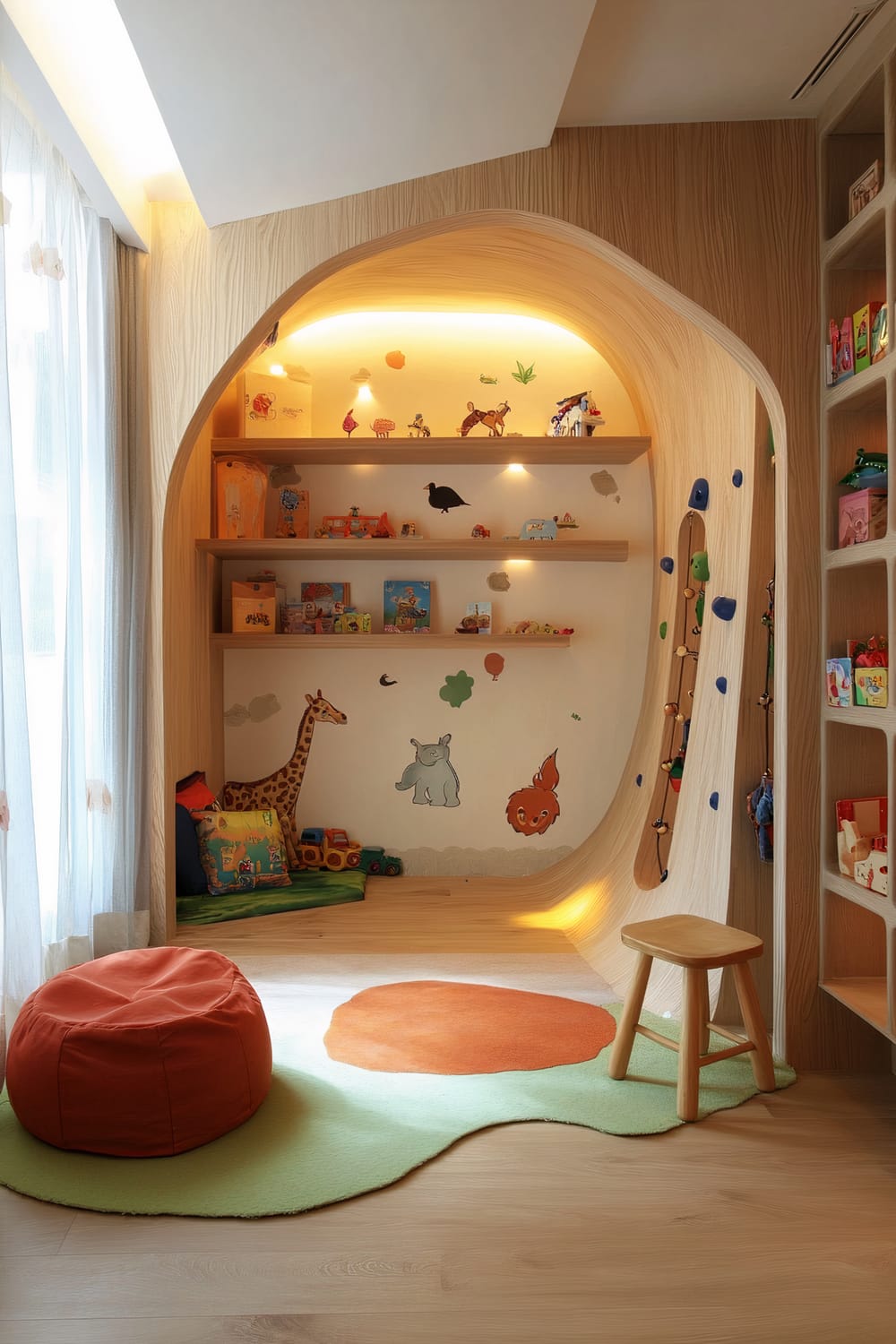 A bright adventure-themed playroom featuring a small climbing wall and a soft mat for safety. Wooden shelves neatly store books and toys. Subtle animal and nature wall decals add a playful touch. A small stool and a soft orange seat offer seating, illuminated by soft lighting.