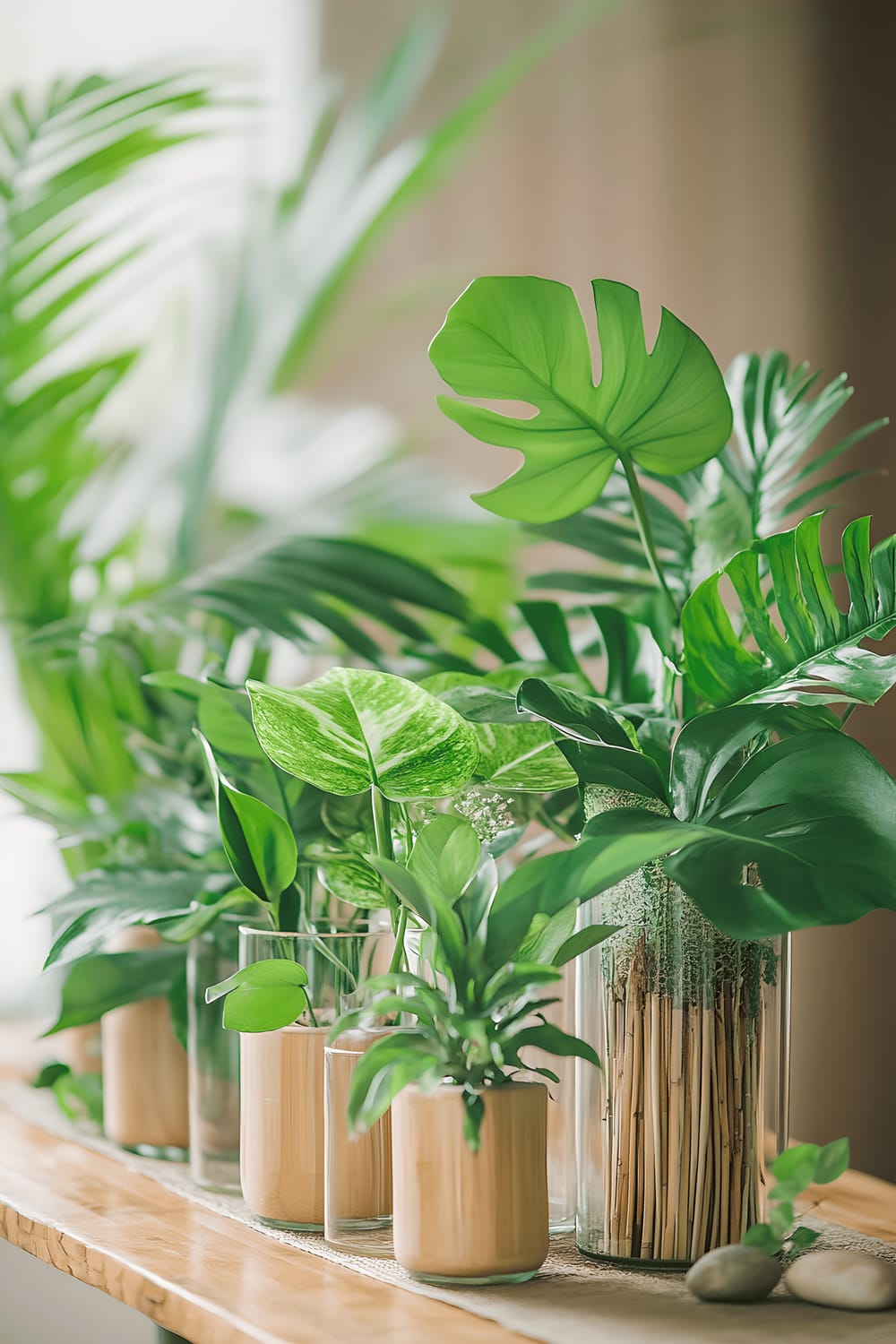 An eco-friendly table centerpiece highlighting sustainability, consisting of a bamboo base decorated with monstera and philodendron leaves arranged in recycled glass containers. Additional wooden and natural stone elements provide texture, all presented on a light wooden table with a neutral colored linen runner. The ambiance is set by soft, natural lighting that brings out the vibrant greenery and the sustainable materials used in the setup.